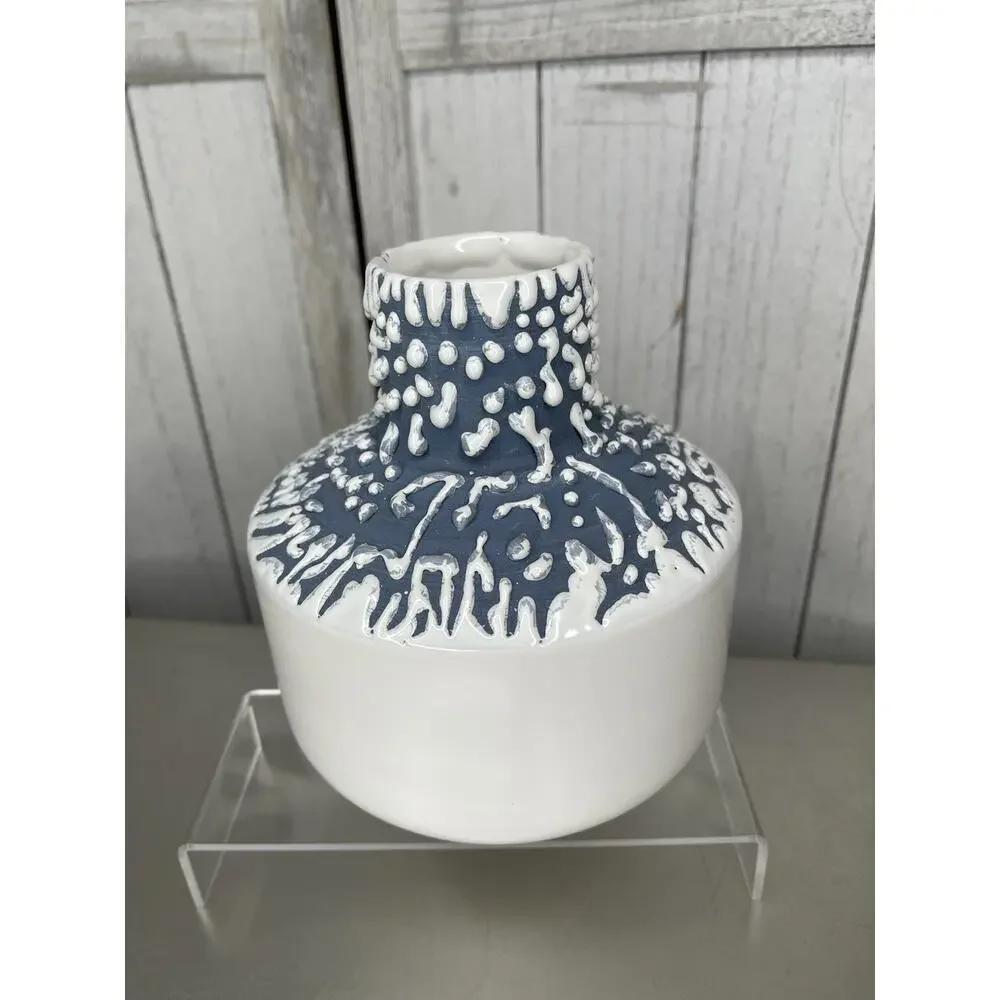 Crate & Barrel White and Blue Textured Drip Ceramic Vase Nautical Decor Portugal